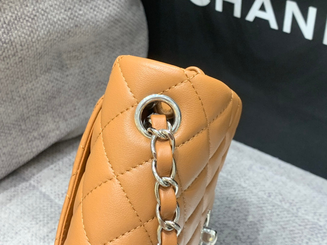 ميني SQUARE حقيبة بغطاء 17CM بني LAMBSKIN إكسسوارات فضية