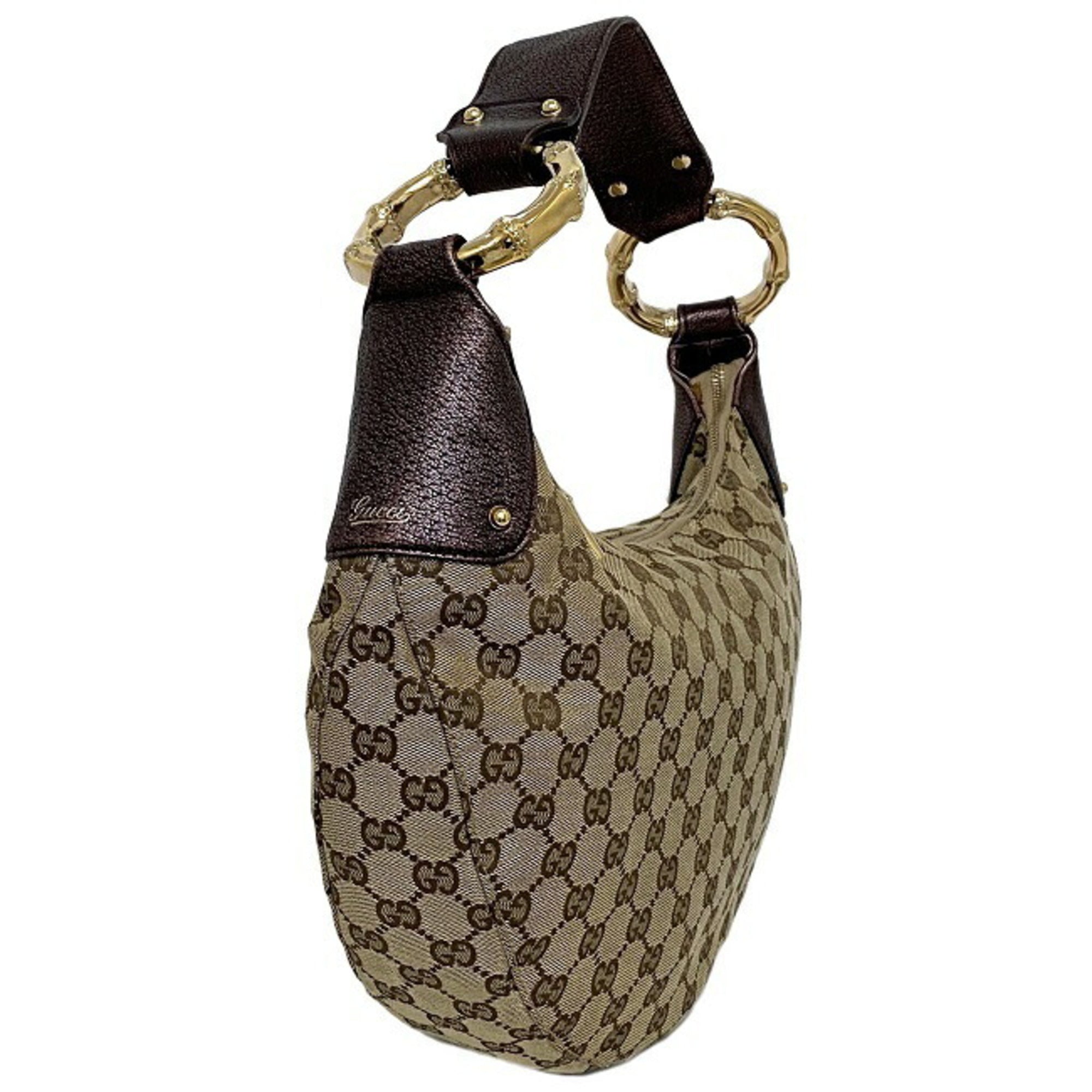 Gucci One حقيبة كتف Beige Purple ذهبي GG 131038 Bamboo Canvas جلد GUCCI حقيبة يد Metallic Motif Dark