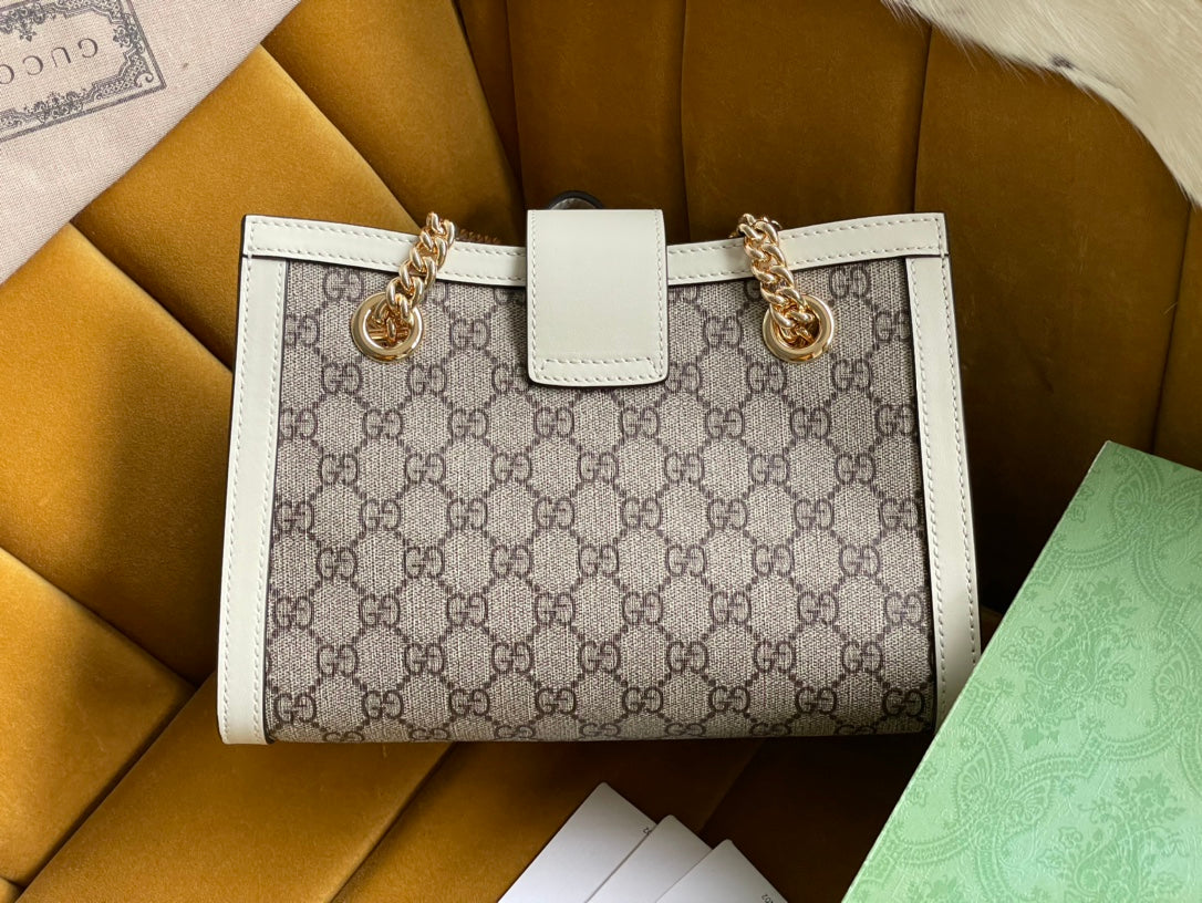 GG PADLOCK متوسط 26 حقيبة كتف BEIGE CANVAS AND أبيض جلد عجل