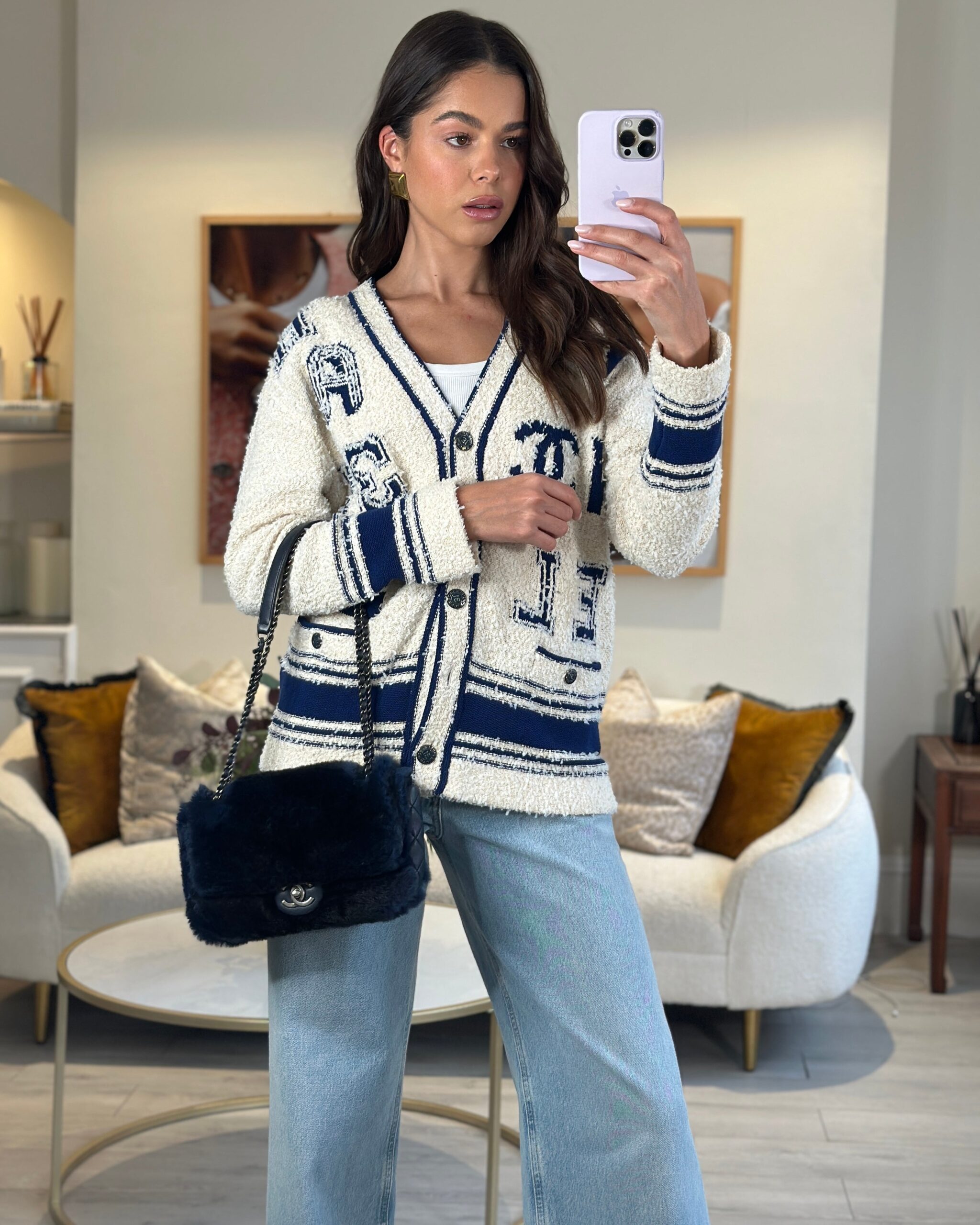 *HOT* Chanel Navy Rabbit Fur Single حقيبة بغطاء with إكسسوارات فضية