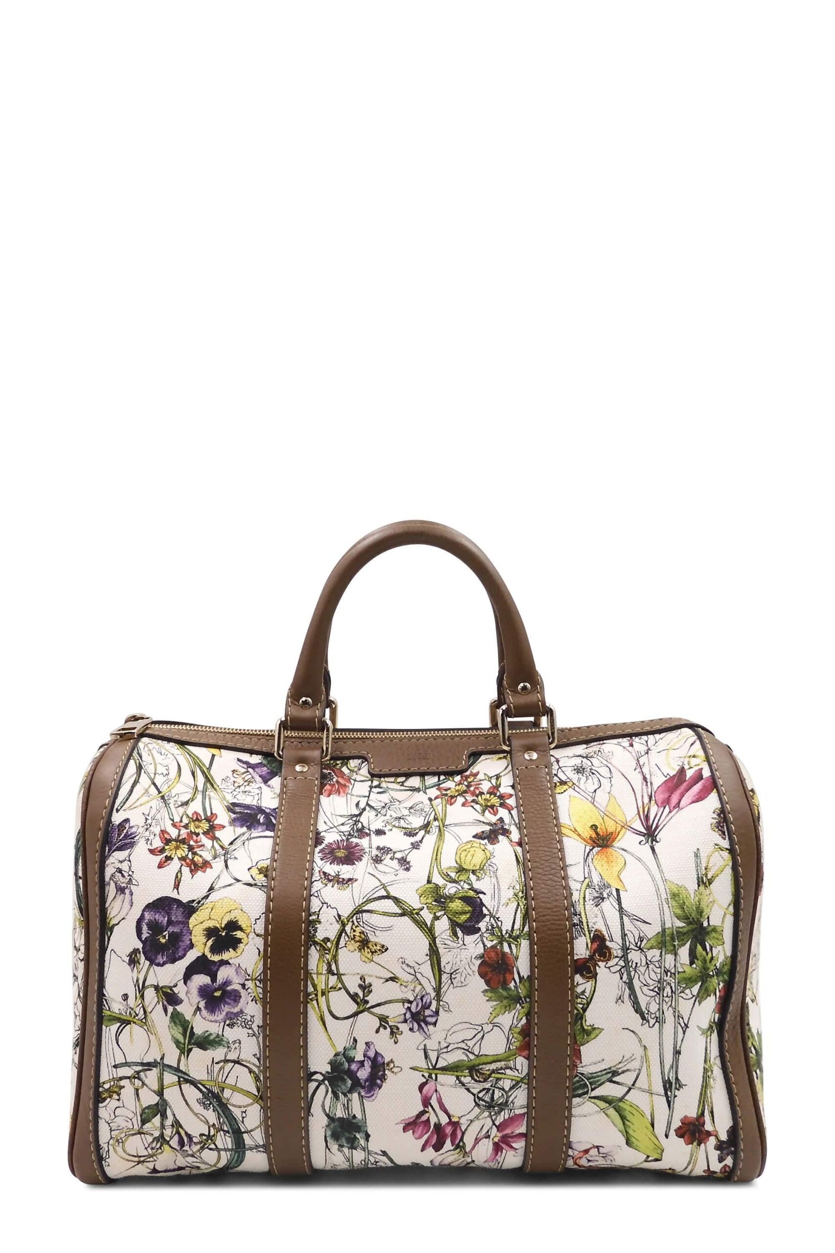 Floral Canvas Boston Bag أبيض بني