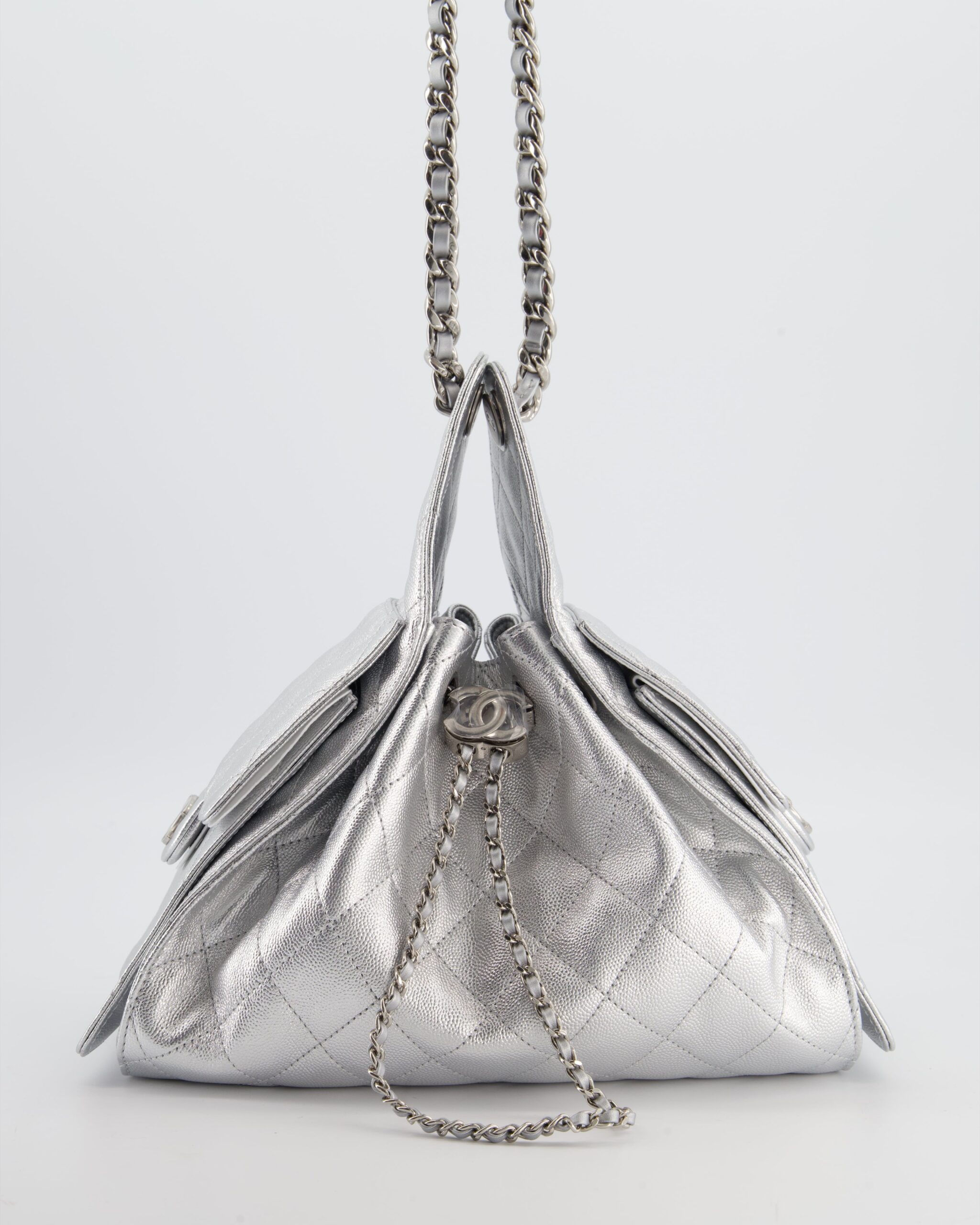 *RARE* Chanel فضي Caviar جلد صغير 25 حقيبة يد with إكسسوارات فضية