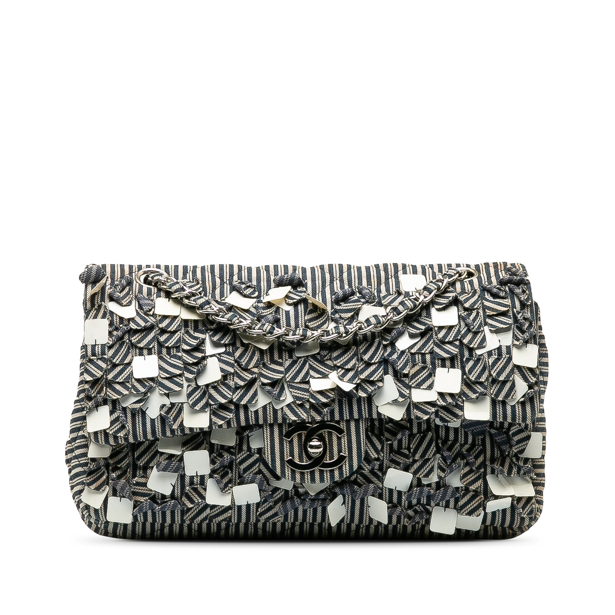 أزرق Chanel متوسط Cotton Striped Double Flap حقيبة كتف