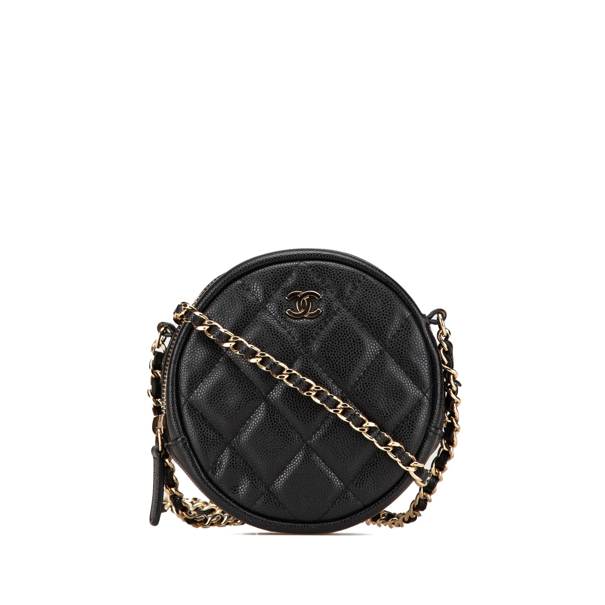 أسود Chanel CC Quilted Caviar Round حقيبة سهرة With سلسلة حقيبة كروس