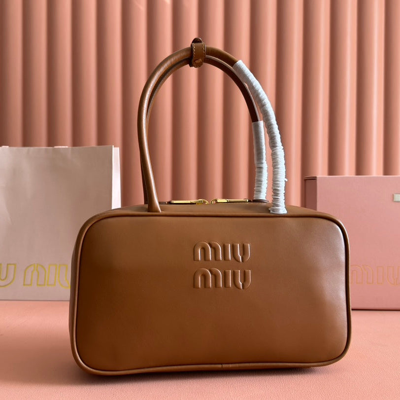 BEAU TOP HANDLE BAG 29 IN TAWNY BROWN GLOSSY CALFSKIN | Studio Nafay