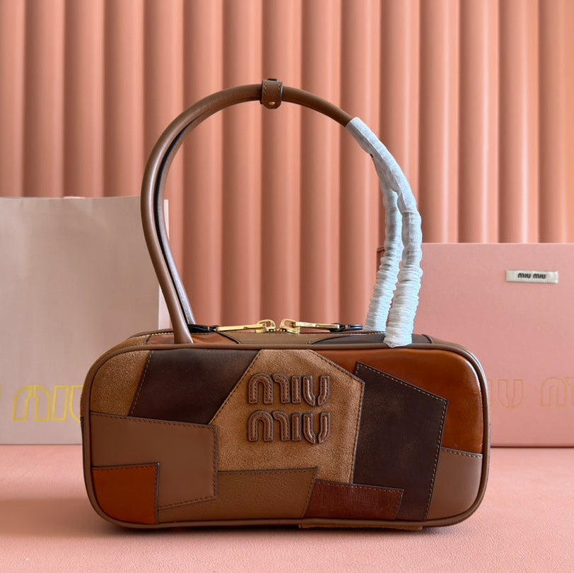 BEAU TOP HANDLE BAG 28 IN COGNAC LEATHER PATCHWORK | Studio Nafay