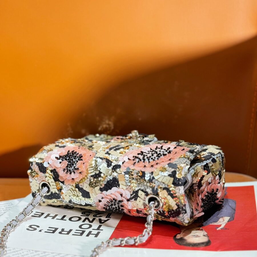24S Flap Bag 20cm Multicolor Sequin Pink Flower Pearl Caflskin | Studio Nafay