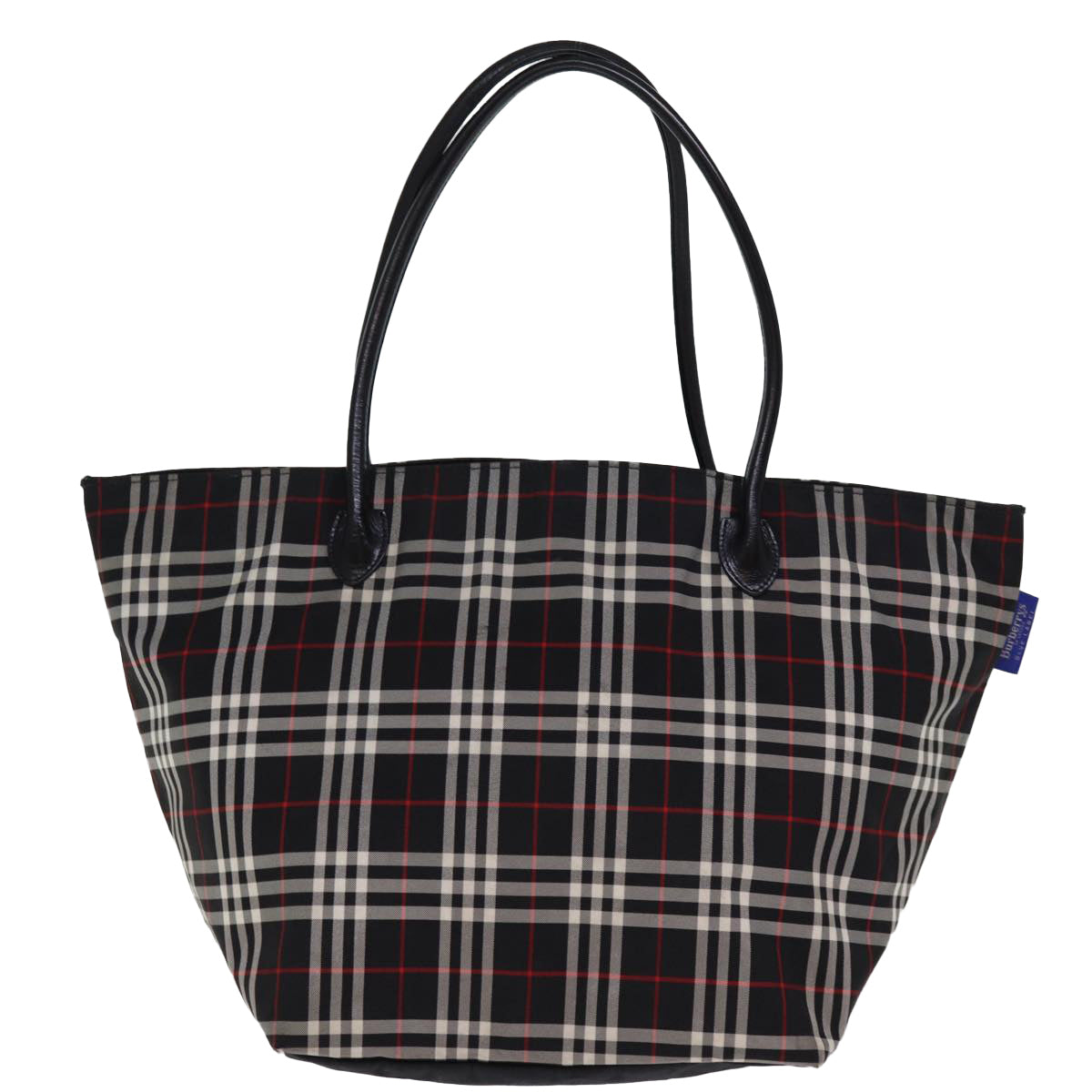 BURBERRYSs Nova Check أزرق Label حقيبة يد كبيرة Nylon أسود Auth kk241